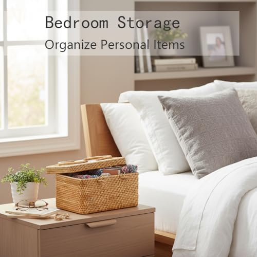 Rattan Storage Basket with Lid – 12×8×7.5 inch for Home - size: 12"×8"×7.5"