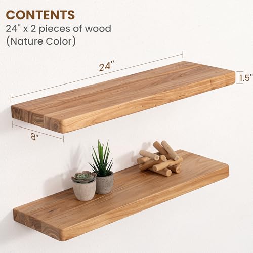 Floating Shelves for Wall, 24"Wx8"D Rustic Solid Elm Wood Floating Shelves Wall Mounted, Round Edge Wall Shelves with Invisible Bracket for Living Room Bathroom Bedroom Kitchen, Set of 2, Natural - color: Natural, size: Round Edge, 24inch, 2Packs