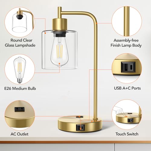 QiMH Set of 2 Industrial Table Lamps, Glass Desk Lamp for Living Room - color: gold-2