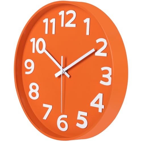 45MinST 12-Inch Modern Indoor Outdoor Wall Clock, Minimalist Orange Design, Silent Non-Ticking, Large Numbers, Perfect Decorative Accent for Home or Office (Orange) - color: 12''orange