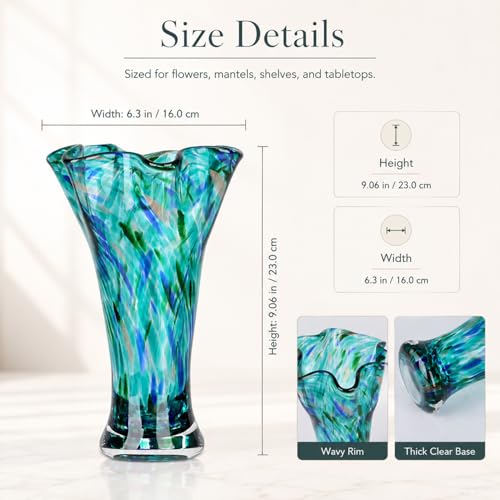 LCCCK 9.0" H Teal Glass Vases for Flower, Unique Hand Blown Glass Vase - color: Teal
