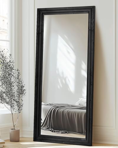 71x30in Full Length Mirror, 3-Tier Stepped Solid Wood Frame, Black - color: Black, size: 71"L x 30"W
