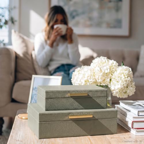 Decorative Storage Boxes with Lids - Set of 2 PU Leather Organizer Bins - color: Sage