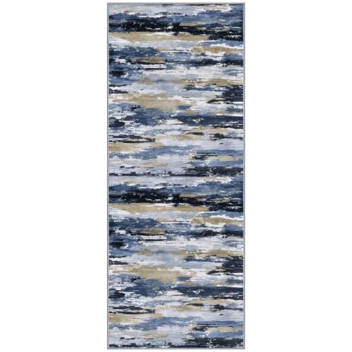 Abstract 2x5 Rug Washable Hallway Runner Non Slip Kitchen Runner | Navy Blue Multi;Thin Printed Faux Wool Entryway Runner;5ft Carpet Runners;Non Skid Runners for Bedroom,Laundry Room - color: Navy / Blue / Taupe, size: 2' x 5' (Runner)