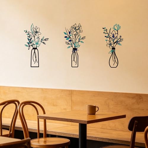 3PCS Metal Flowers Wall Decor, Modern Blue Floral Metal Art for Bathroom, Dining Room, Bedroom, Farmhouse Home Decoration