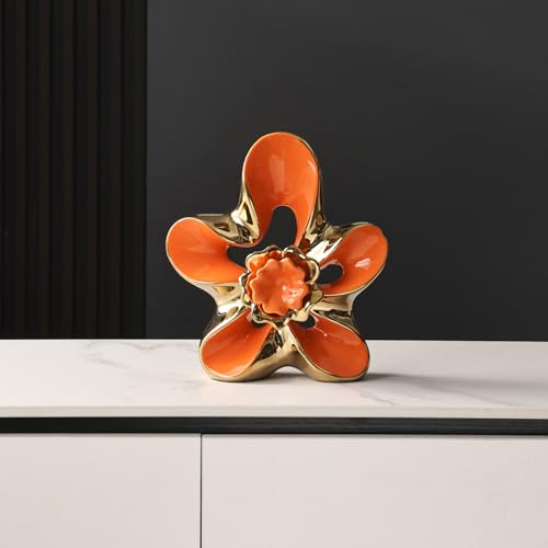 Ceramic Statue Home Decor Aesthetic Abstract Flower Sculpture - color: Orange and Gold