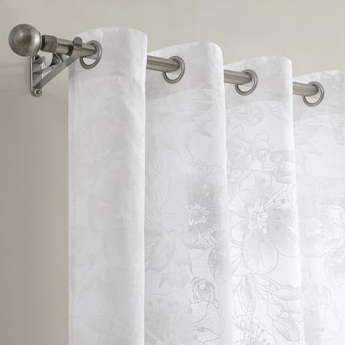 LinenZone 54x84 White Curtains with White Flower Print. (Flora 54x84 White) - color: White, size: 54"W x 84"L (Pack of 2)