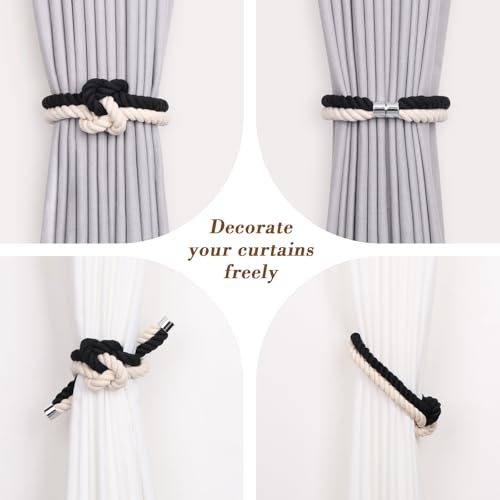 NICEEC Cotton Rope Magnetic Curtain Tiebacks, 4 Pack, Black & Beige - color: Black & Beige, size: 4 Pack
