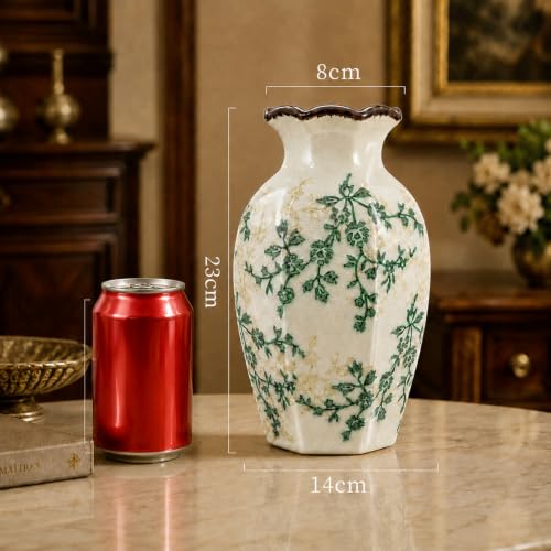 Ceramic Vase for Flowers, 9 Inch Vintage Rustic Floral Vase with Crackle Glaze, Octagonal Hand-Painted Green Vine Vase, Farmhouse Decorative Vase for Living Room, Bedroom, Entryway, Table Centerpiece - color: Green and Light Beige