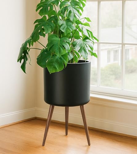 D'vine Dev 16 Inch Planter Pot with Wood Stand, Black, 88-O-E-2 - color: Matte Black, size: XX-Large