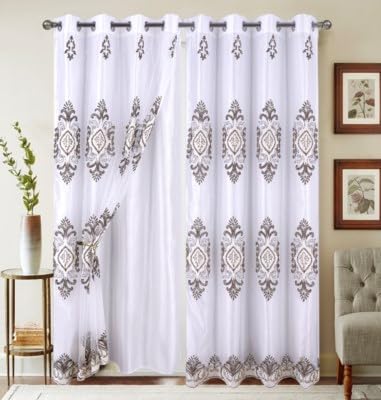 J&V TEXTILES Embroidered Curtain Set, 2 Panel Drapes with Backing & Valance, Medallion Pattern (White) - color: White