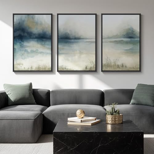 Large Framed Blue Nature Landscape Wall Art for Living Room, 3 Piece 24x36 - color: Misty Lake, size: 24" W x 36" H x 3pcs