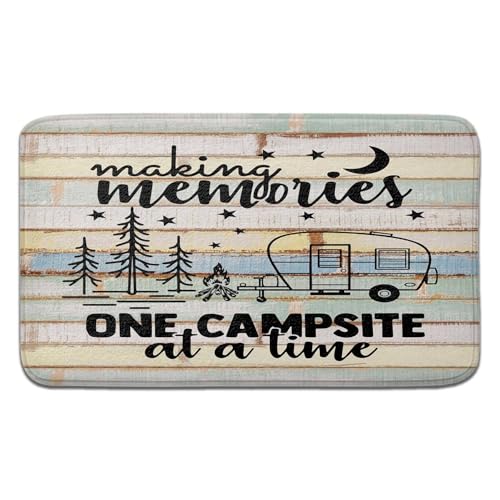 Happy Camper Bathroom Rugs, Rustic Cabin Wooden Farmhouse Bath Mat, Travel Trailers Camping Theme Non Slip Bathtub Rug Retro Rustic Wood Neutral Color for Travel Trailer Camping Kitchen Rug 19X31IN - color: Camper, size: 1'7" x 2'7" (Rectangular)