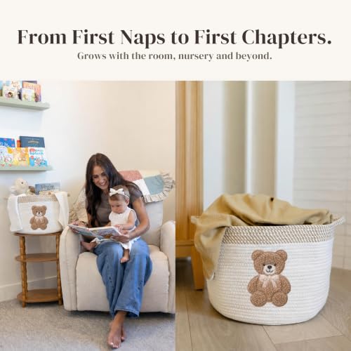 Teddy Bear Baby Storage Basket, Woven Cotton Rope Nursery Bin, 15x11 in - color: Neutral Teddy