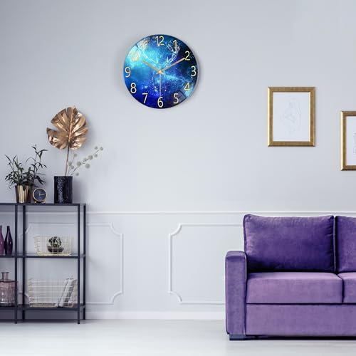 Lafocuse 12 Inch Blue Wall Clock Silent Non Ticking, Galaxy Glass Clocks Battery Operated for Living Room Bedroom Kitchen Decor, Deer Pattern - color: Deer