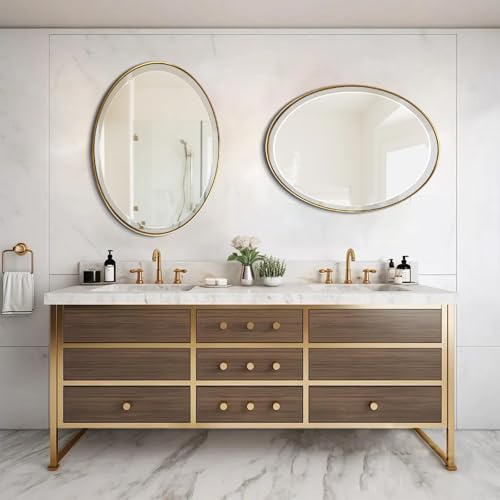 POZINO 30"x22" Brush Gold Oval Beveled Bathroom Mirror for Over Sink - color: Gold Round, size: 30"L x 22"W