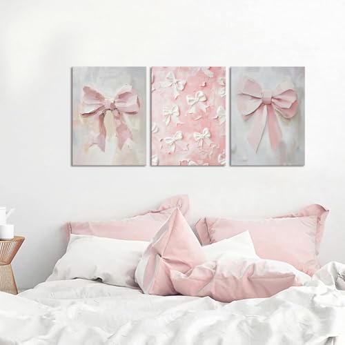 Pink Bow Canvas Wall Art Set of 3 Coquette Oil Painting Cute Bow Posters Wall Decor Trendy Preppy Print Picture for Back to School Bedroom Bathroom College Dorm 12x16 In Framed - color: Oil Bow, size: 16L"x12W"