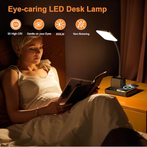 Wireless Charging Desk Lamp USB Charging & Pen Holder, Matte Black - color: Matte Black