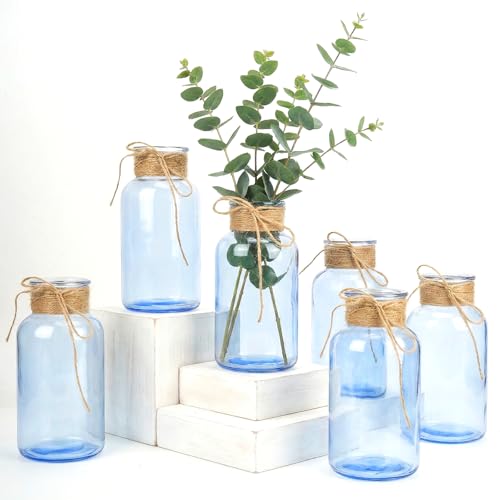 Mason Jars for Centerpiece Glass Flower Bud Vase Blue Vases, 6 Pc - color: Blue