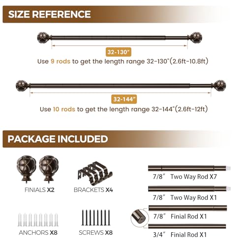 KAMANINA Curtain Rods for Windows 72 to 144 Inch, Long Heavy Duty, Bronze - color: Antique Bronze, size: 72-144"