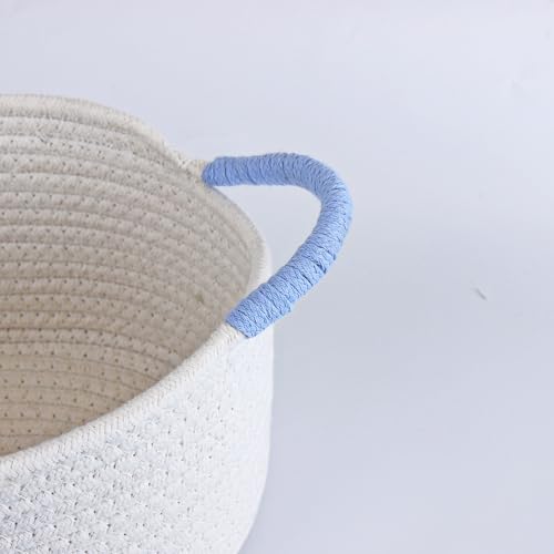 White and Blue Cotton Rope Gift Basket with Handle, 12 x 8 in - color: white with blue handle, size: Oval - 12"x8"x5"