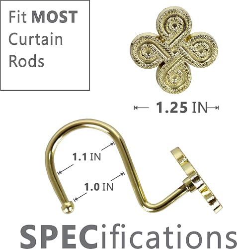 Brass Gold Shower Curtain Hooks: Rust Proof Metal Curtain Rings, 12Pcs - color: Gold