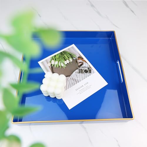 Spsyrine Blue Decorative Tray for Living Room, Square Modern Plastic Coffee Serving Table Tray for Ottoman Bathroom Kitchen,13"*13" - color: Bg001r
