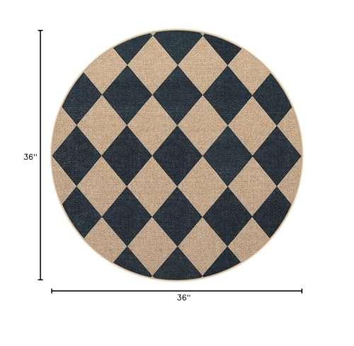 Lahome Checkered Easy Jute Round Rug 3ft, Outdoor Entryway Rug Washable - color: Black/Checkerboard -2, size: 3' Round