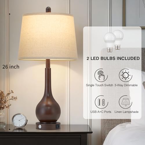 26" Brown Table Lamps Set of 2, Touch Control Bedside Lamps for Bedroom Nightstand, 3-Way Dimmable Farmhouse Lamp for Living Room with Charging Port (2 LED Bulbs Included) - color: Brown - 26"H