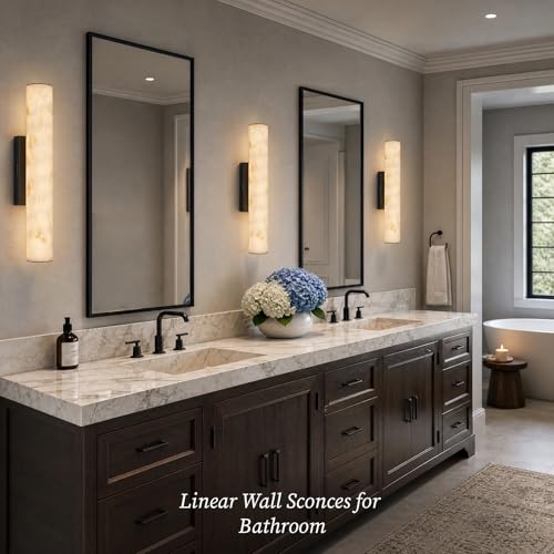 Artisan Alabaster Wall Sconces Set of 2, 20in Matte Black Linear Wall Sconce, Faux Alabaster Vanity Lights, 3000K Dimmable Hardwired Modern Wall Lighting for Bathroom Bedroom Living Room Hallway - color: Black-20in-2Pcs