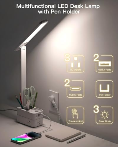 Addtam Desk Lamp with Pen Holder, LED Desk Lamps for Home Office, Power Strip with 3 Outlets 4 USB Charging Ports(2 USBC), 3 Color Modes Touch Lamp, Study Lamps for College Dorm Room Essentials, White - color: White Pro, size: 5 FT