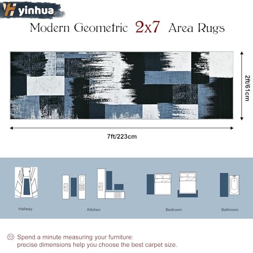 Yinhua Geometric Runner Rug 2x7 Modern Hallway Runner Rugs Low Pile Washable Rugs Non Slip, Soft Faux Wool Area Rug for Bedroom, Kitchen, Laundry, Bathroom, Blue and Gray Carpet No Shedding - color: Blue and Gray, size: 2' x 7'