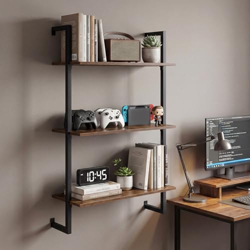 GIANTEX 3-Tier Floating Shelves for Wall, Industrial Wall-Mounted Bookshelf - color: Rustic Brown + Black, size: 3-Tier