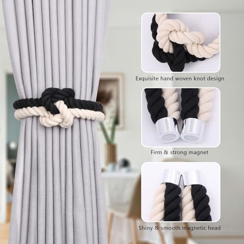 NICEEC Cotton Rope Magnetic Curtain Tiebacks, 4 Pack, Black & Beige - color: Black & Beige, size: 4 Pack