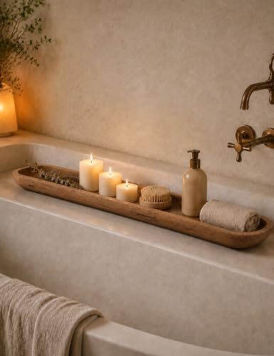 30 Inch Decorative Wooden Dough Bowl, Wooden Bowls, Large Long Hand Carved Rustic Bread Key Bowl, Wooden Tray, Dough Bowls for Decor, Decorative Bowl for Living Room Dining Room Kitchen Table