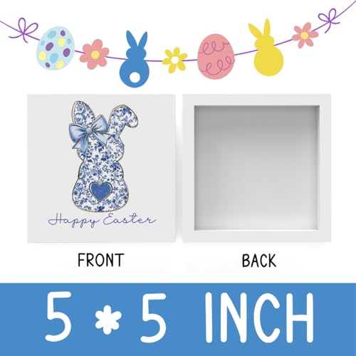 Easter Rabbit Decoration, Blue Floral Chinoiserie Bunny Decor, Happy Easter Decor, Coquette Girls Gift, Wooden Box for Rustic Home Bedroom Living Room Table Shelf Office - color: Cute Hippy Bunny-5