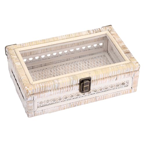 Hipiwe Handwoven Rattan and Wood Display Box with Clear Lid, Whitewash - color: Whitewash Color, size: X-Small, 9.8"x5.9"x3.1"