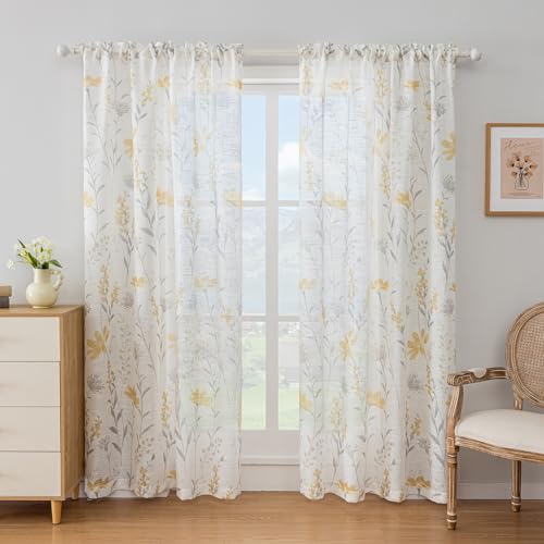 SUOUO Yellow Floral Semi-Sheer Curtains 84 Inches 2 Panels Rod Pocket - color: Yellow-grey, size: 52"W x 84"L (Pack of 2)