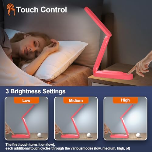Giryuhd LED Desk Lamp for Office Home & Battery Operated Lamp Rechargeable Lamp Foldable & Portable Light, LED Desk Light Strip, 3 Brightness Dimmable Small Desk Lamp Wireless Reading Lamp - color: Red (1-Pack)