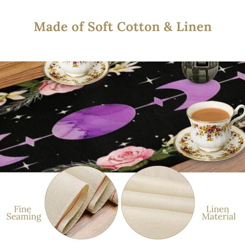 Moonflower Table Runner,Dreamy Starry Night Bohemian Flower Botanical Purple Moon Phase Stars Tabletop Restaurant Dining Kitchen Wedding Party 13x36 Inch - color: Moon Style-20, size: W13X L36