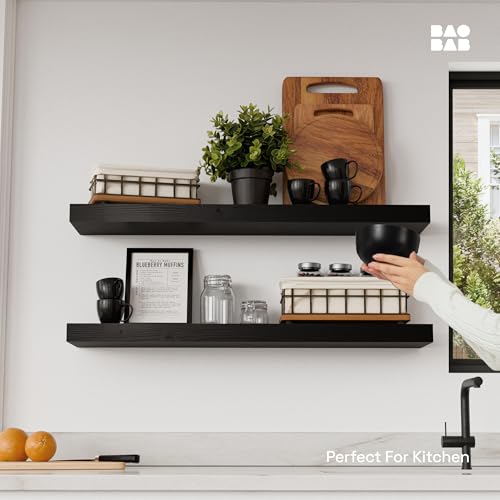 Solid Wood Floating Shelves for Wall 30 Inches Long, Black Wooden Shelf - color: Black, size: 30 Inch