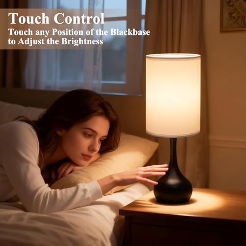 ONEWISH Touch Bedside Lamp for Bedroom, 3-Way Dimmable Table Lamps for Nightstand, White Fabric Shade Desk Lamp for Kids Reading, Living Room, Home Office - color: White Linen Drum Shade & Black Base