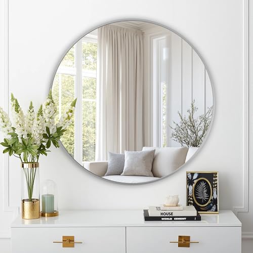 Round Mirror, Wall Mounted Circle Mirror-Brushed Metal Frame, 36", Silver - color: Silver, size: 36"L x 36"W