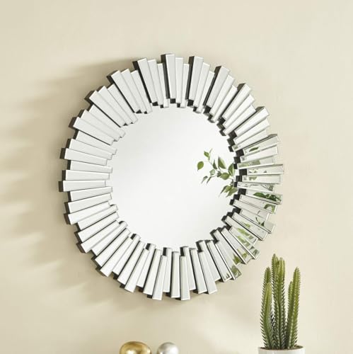 Pemberly Row 40 in Round Decorative Clear Mirror, Sunburst Design, Beveled Edges, MDF Frame, Contemporary Accent Wall Mirror for Home or Office, Elegant Textured Look