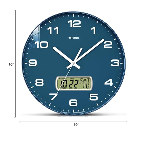 TIMESS 10-Inch Non-Ticking Analog Wall Clock with LCD Display, Blue - color: Blue, size: 10 Inch