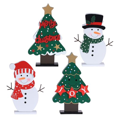 DECSPAS Christmas Decorations Indoor, 4 PCS Wood Christmas Trees & Snowmen for Centerpiece Table Decorations, Wooden Tiered Tray for Xmas Decor, Home, Winter, Tabletop, Mantel, Shelf, Gifts - style: Christmas - Christmas Trees, Snowmen