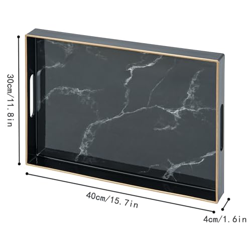 Serving Tray with Handles, Large Black Marble Plastic Tray, 15.7 x 11.8 x 1.6 Inch Rectangular Decor Coffee Table Tray with Storage for Bedroom, Living Room, Dining Room, Party & Patio Pool