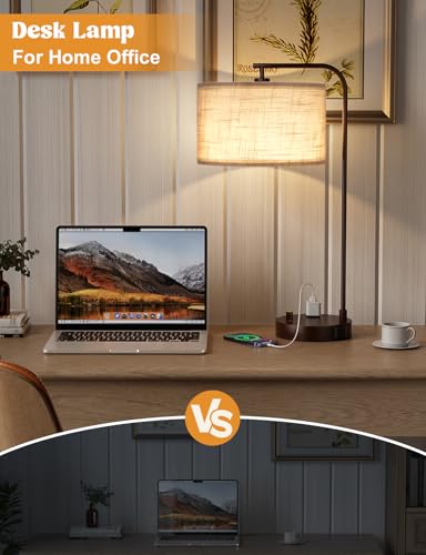 20.7" Tall Table Lamp with USB & Outlet, Fully Dimmable Nightstand Lamp - color: H-Gray Shade & Brown Base