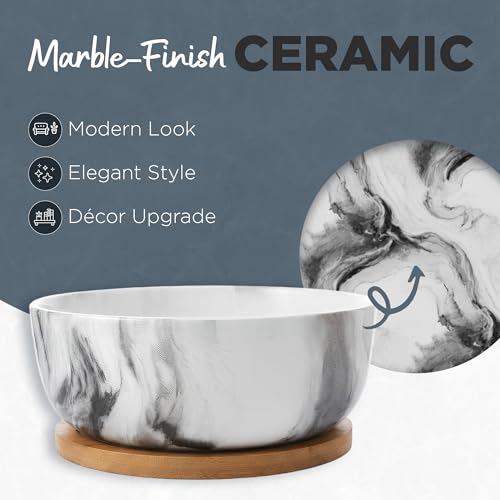 Pastel Marble Inspired 8 Inch Ceramic Succulent Planter with Drainage Hole & Bamboo Tray – Large Wide Round Pot Decorative for Indoor Plants, & Cactus