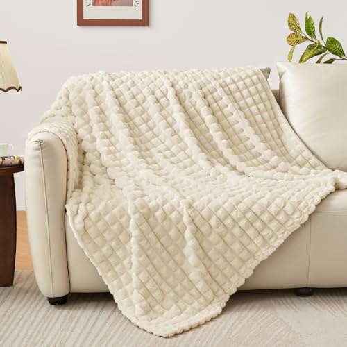 BEDELITE 3D Checked Beige Fleece Throw Blanket for Couch, 50x60 Inches - color: Beige, size: Throw(50"x60")